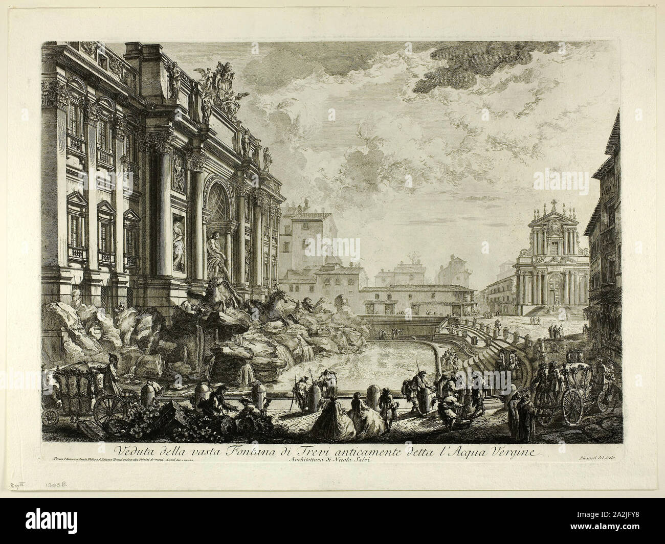 View of the large Trevi Fountain formerly called the Acqua Vergine, from Views of Rome, 1750/59, Giovanni Battista Piranesi, Italian, 1720-1778, Italy, Etching on heavy ivory laid paper, 381 x 549 mm (image), 401 x 550 mm (plate), 457 x 613 mm (sheet Stock Photo