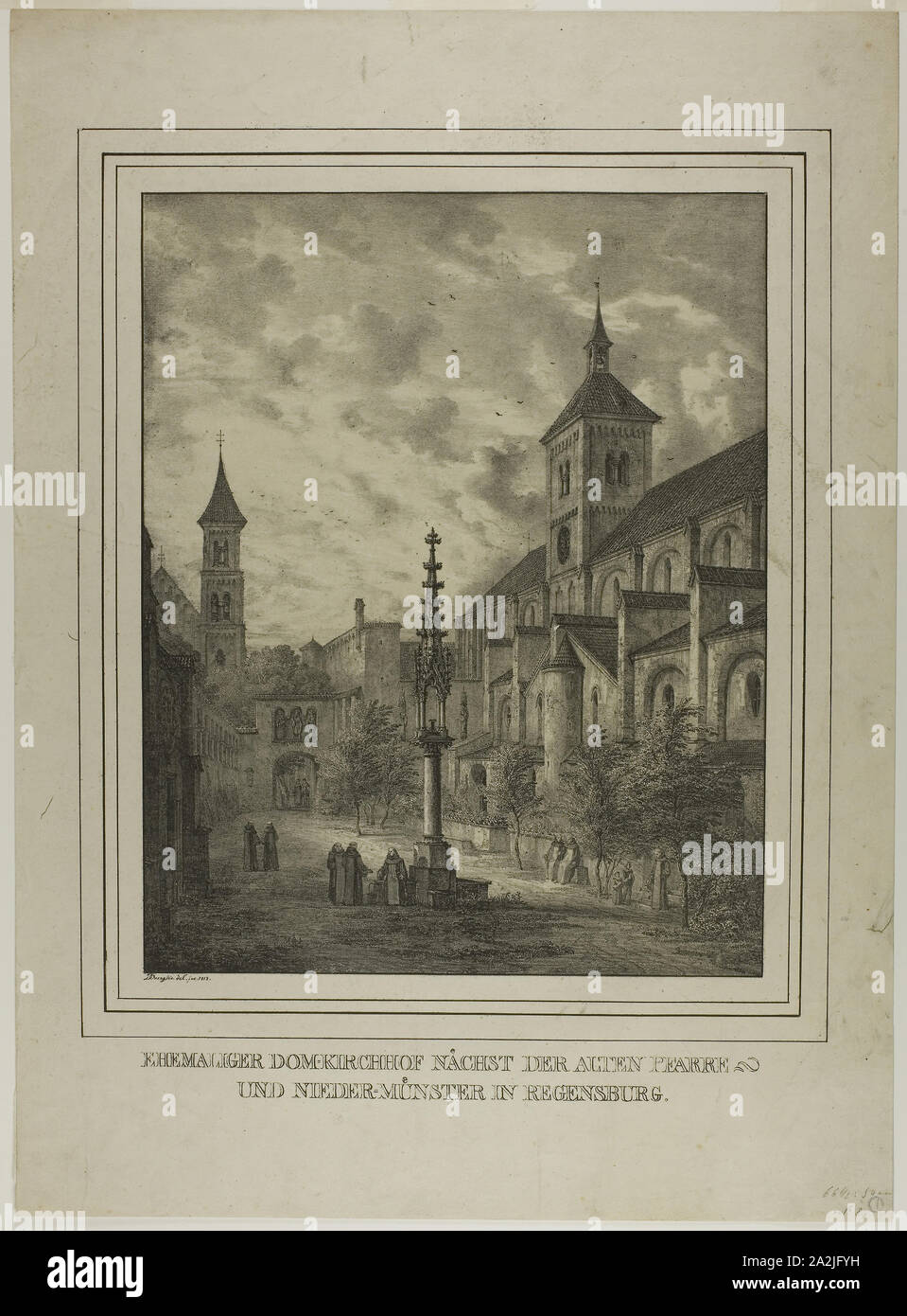 Former Cathedral Churchyard near the Old Rectory and Minster in Regensberg, 1818, Domenico Quaglio II, German, 1787-1837, Germany, Lithograph with tone plate, on paper, 410 x 325 mm (image), 633 x 460 mm (sheet Stock Photo