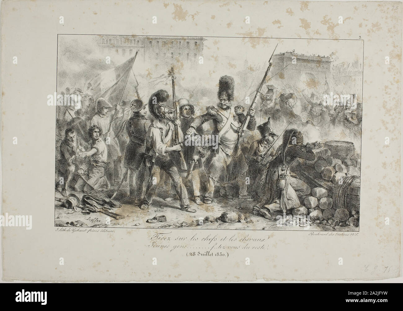 Fire on the Leaders and Cavalry…, 1830–31, Denis Auguste Marie Raffet (French, 1804-1860), printed by Chez Gihaut Frères (French, 19th century), France, Lithograph in black on ivory wove paper, 196 × 309 mm (image), 284 × 404 mm (sheet Stock Photo