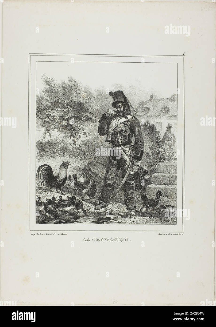 Temptation, 1833, Denis Auguste Marie Raffet (French, 1804-1860), printed by Chez Gihaut Frères (French, 19th century), France, Lithograph in black on ivory wove paper, 197 × 187 mm (image), 401 × 282 mm (sheet Stock Photo