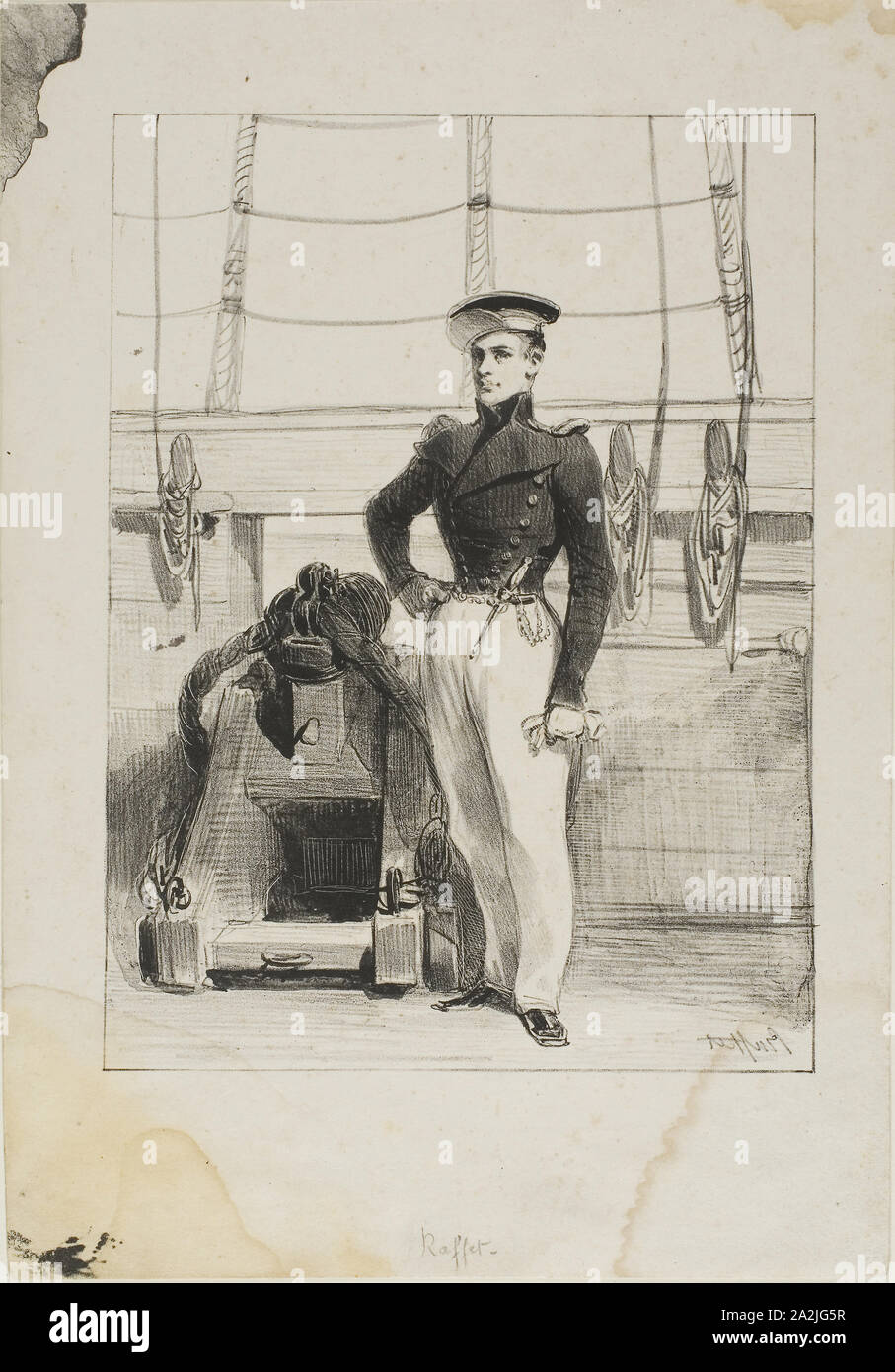 Royal Navy, Line Crew, Ship’s Ensign, 1830–33, Denis Auguste Marie Raffet, French, 1804-1860, France, Lithograph in black on ivory wove paper, 191 × 142 mm (image, e×cluding stray marks), 255 × 179 mm (sheet Stock Photo