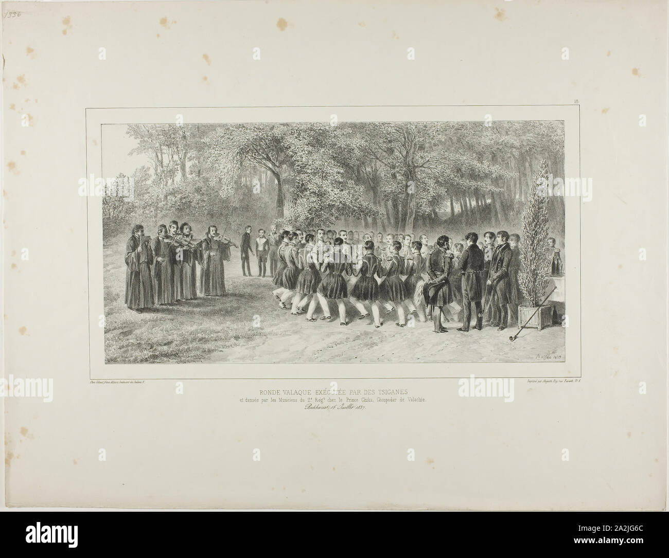 Wallachian Round, Performed by the Tsiganes and Danced by the Second Regiment Musicians at the Home of Prince Ghika, Ghospodar, Wallachia, 1839, Denis Auguste Marie Raffet (French, 1804-1860), printed by Auguste Bry (French, 19th century), published by Chez Gihaut Frères (French, 19th century), France, Lithograph in black on ivory chine laid down on ivory wove paper, 166 × 318 mm (image), 166 × 318 mm (primary support), 357 × 458 mm (secondary support Stock Photo