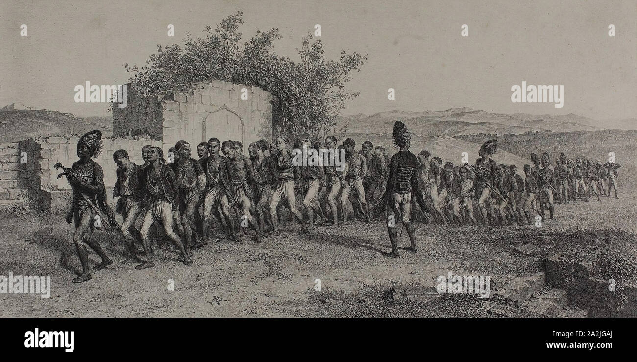 Turkish Recruits Near Smyrna, November 10, 1837, 1847, Denis Auguste Marie Raffet (French, 1804-1860), printed by Auguste Bry (French, 19th century), published by Chez Gihaut Frères (French, 19th century), France, Lithograph in black on ivory chine laid down on buff wove paper laid down on ivory card, 213 × 425 mm (image), 215 × 426 mm (primary support), 338 × 543 mm (secondary support), 338 × 543 mm (tertiary support Stock Photo