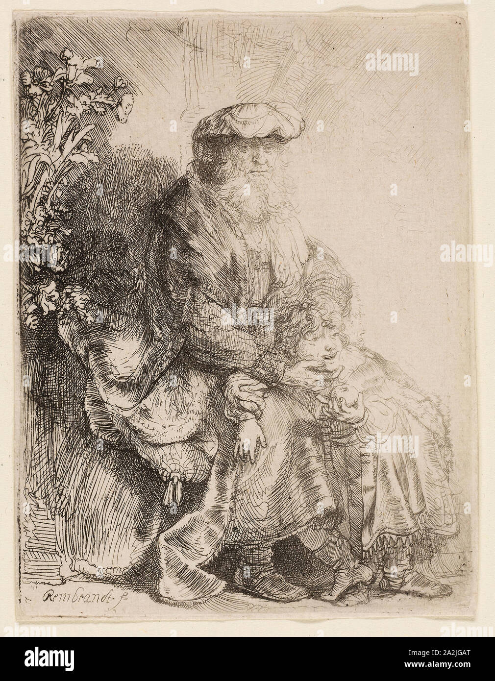 Abraham Caressing Isaac, c. 1637, Rembrandt van Rijn, Dutch, 1606-1669, Holland, Etching on white laid paper, 119 x 89 mm (image/sheet trimmed within plate mark Stock Photo