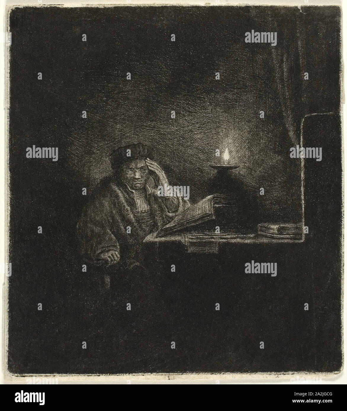 Student at a Table by Candlelight, 1642/65, Salomon Savery (Dutch,  1594-1683), after Rembrandt van Rijn (Dutch, 1606-1669), Netherlands,  Etching on paper, 143 x 130 mm (image), 145 x 131 mm (plate), 147 x 132 mm  (sheet Stock Photo - Alamy