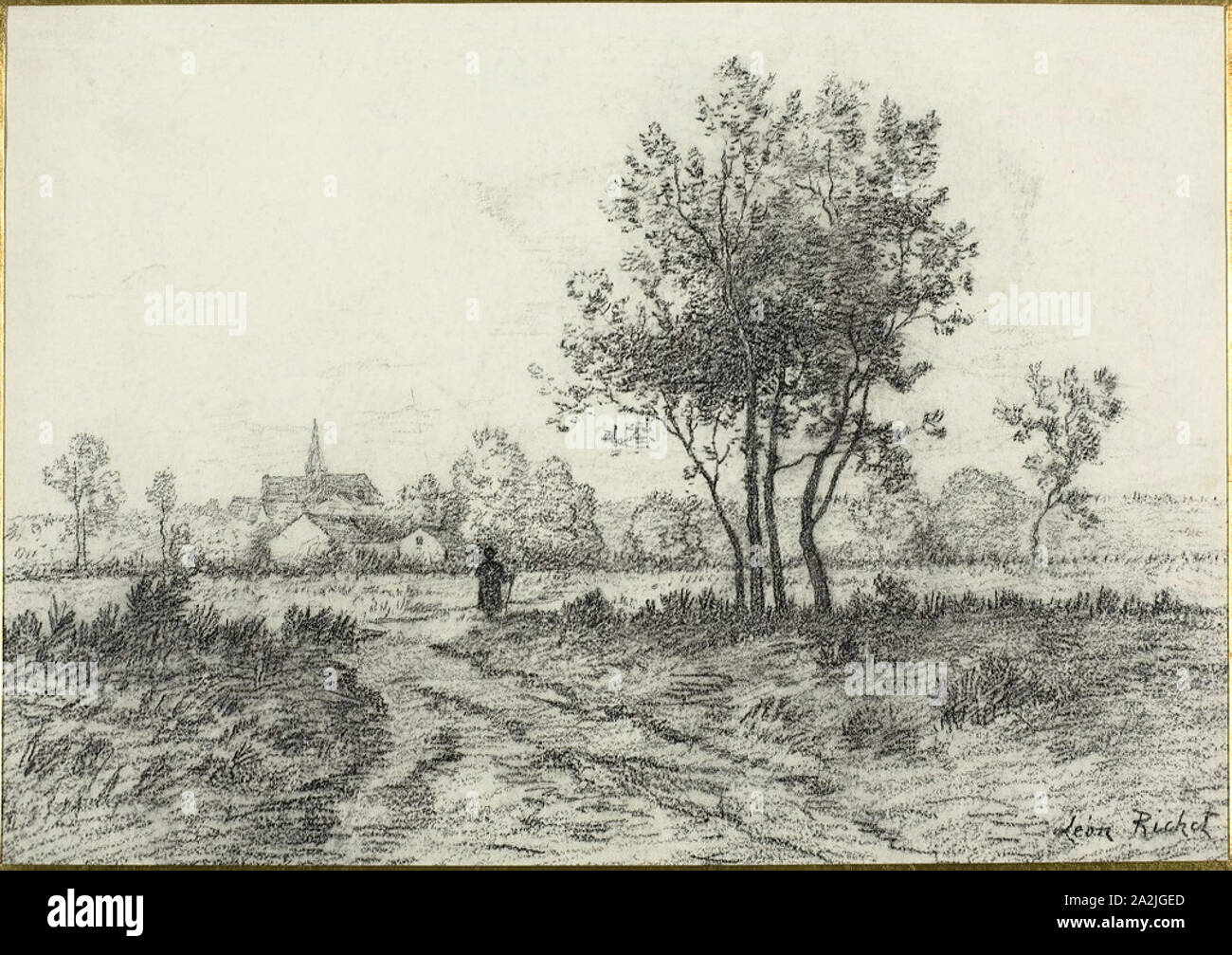 Landscape, c. 1875, Léon Richet, French, 1847-1907, France, Charcoal on ivory wove paper, 234 × 333 mm Stock Photo