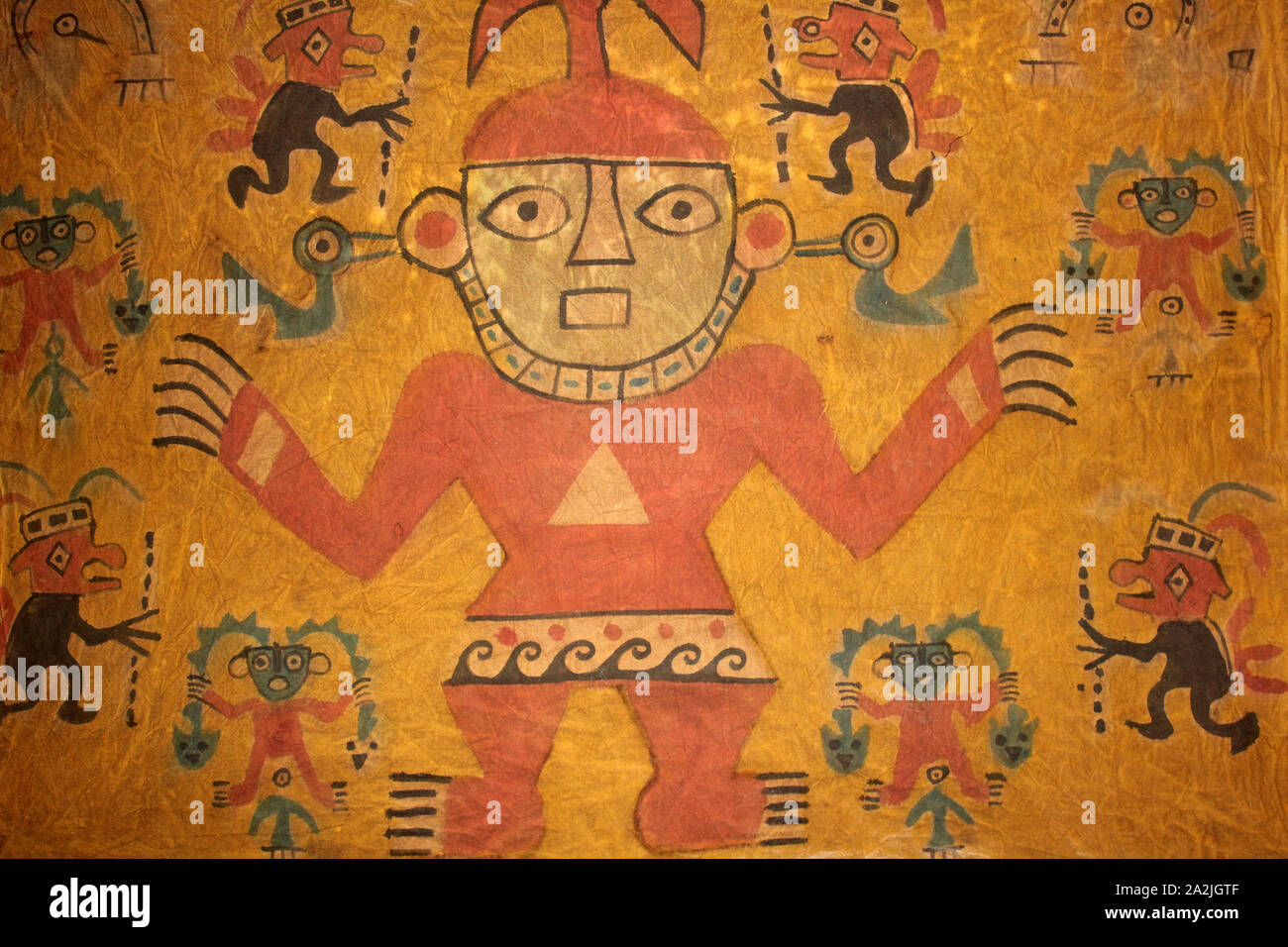 Inti (main figure) - Incan Sun god, son of Viracocha, creator of civilization depicted as smaller figures holding thunderbolts. Stock Photo