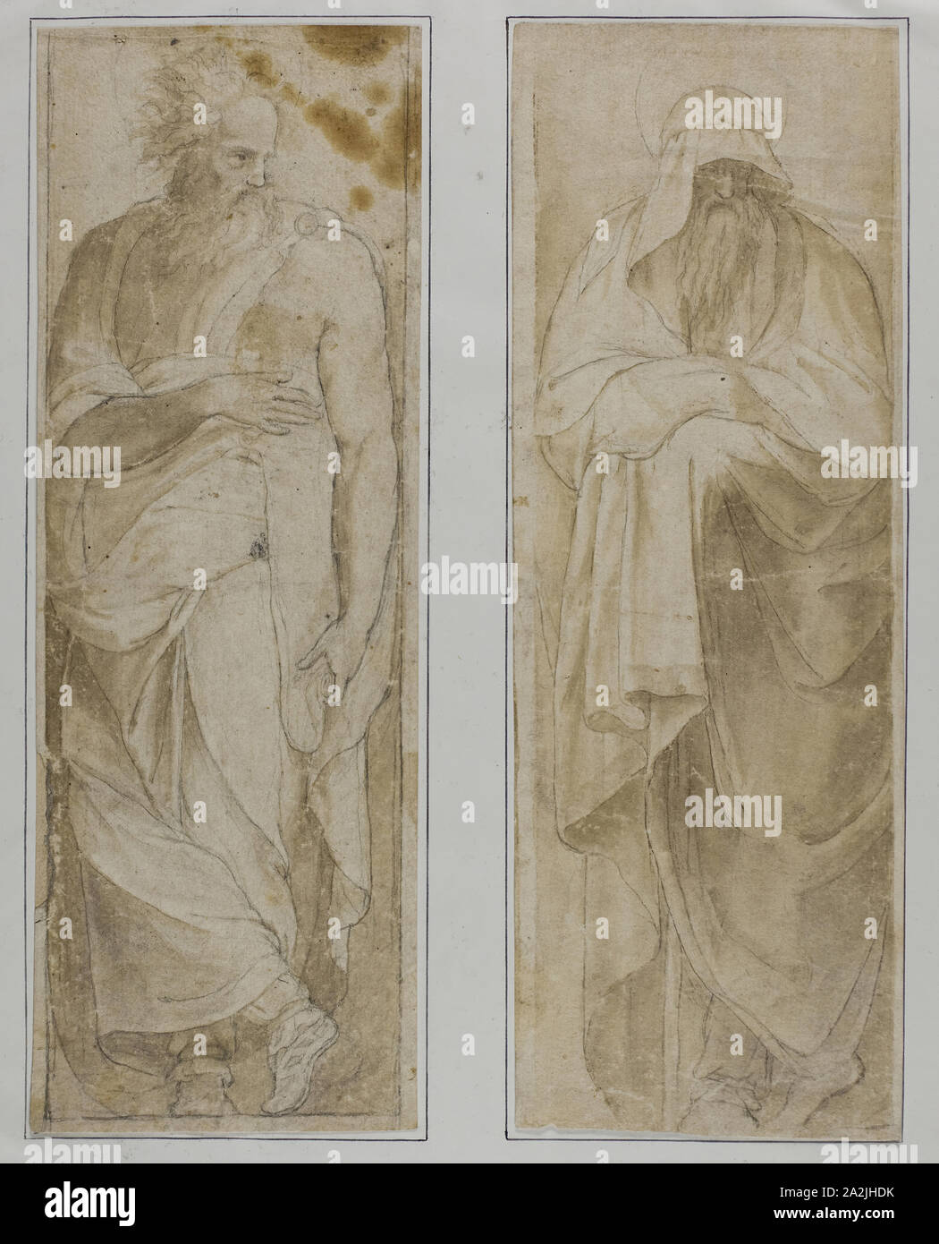Standing Prophet or Apostle, n.d., after Pellegrino Tibaldi (Italian, 1527-1596), and Perino del Vaga (Italian, 1501-1547), Italy, Black chalk with brush and brown wash, on ivory laid paper, tipped on to ivory wove paper, 285 x 100 mm Stock Photo
