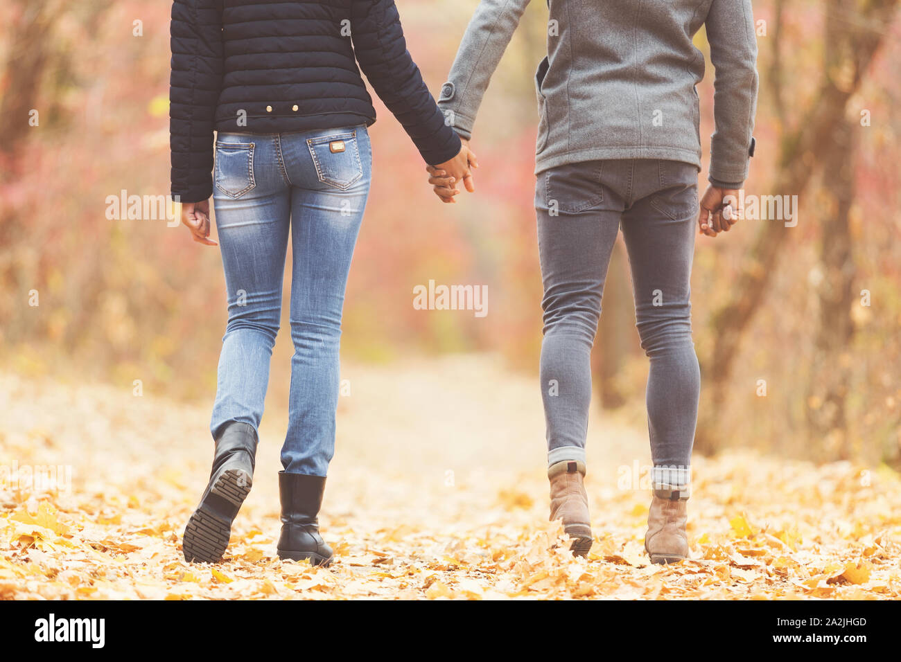 Couple in love holding hands, walking in autumn park Stock Photo - Alamy
