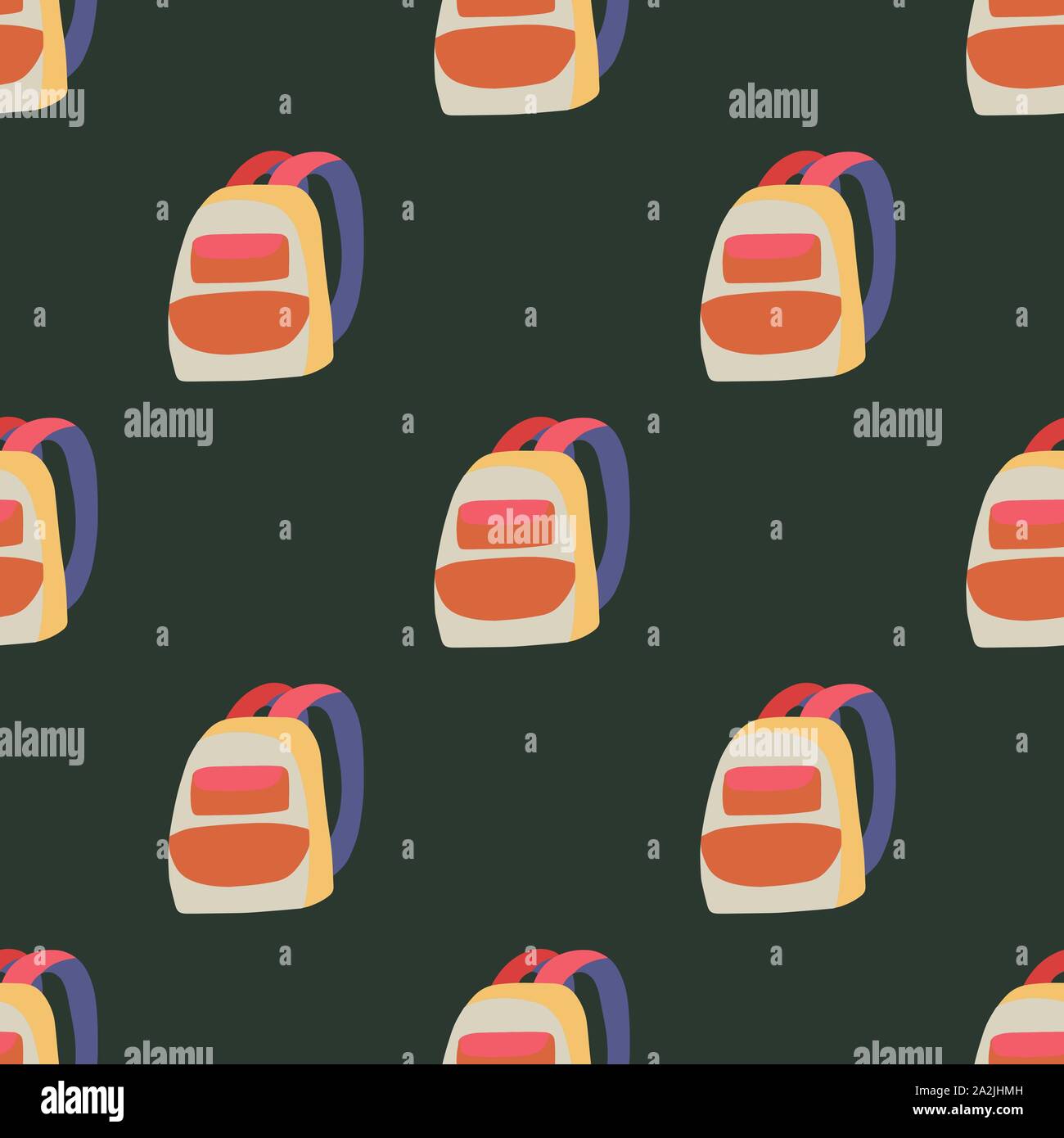 Flat seamless pattern orange backpack for fabric design on green design. Graphic background. Cartoon flat vector abstract surface design. Stock Vector