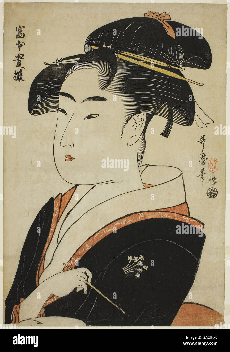 Tomimoto Toyohina, from the series Famous Beauties of Edo (Edo komei bijin), c. 1793/94, Kitagawa Utamaro 喜多川 歌麿, Japanese, 1753 (?)-1806, Japan, Color woodblock print, aiban, 33.6 x 23.3 cm Stock Photo