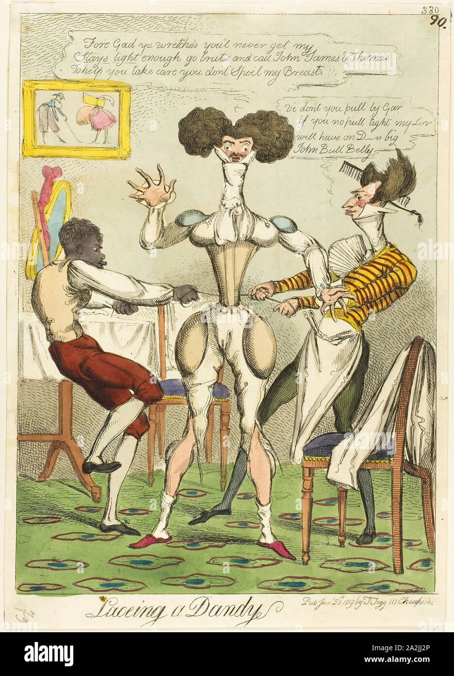 Lacing a Dandy, published January 26, 1819, Unknown Artist (English), published by Thomas Tegg (English, 1776-1845), England, Handcolored etching on cream wove paper, 300 × 216 mm (image), 322 × 228 mm (sheet), plate mark not visible Stock Photo