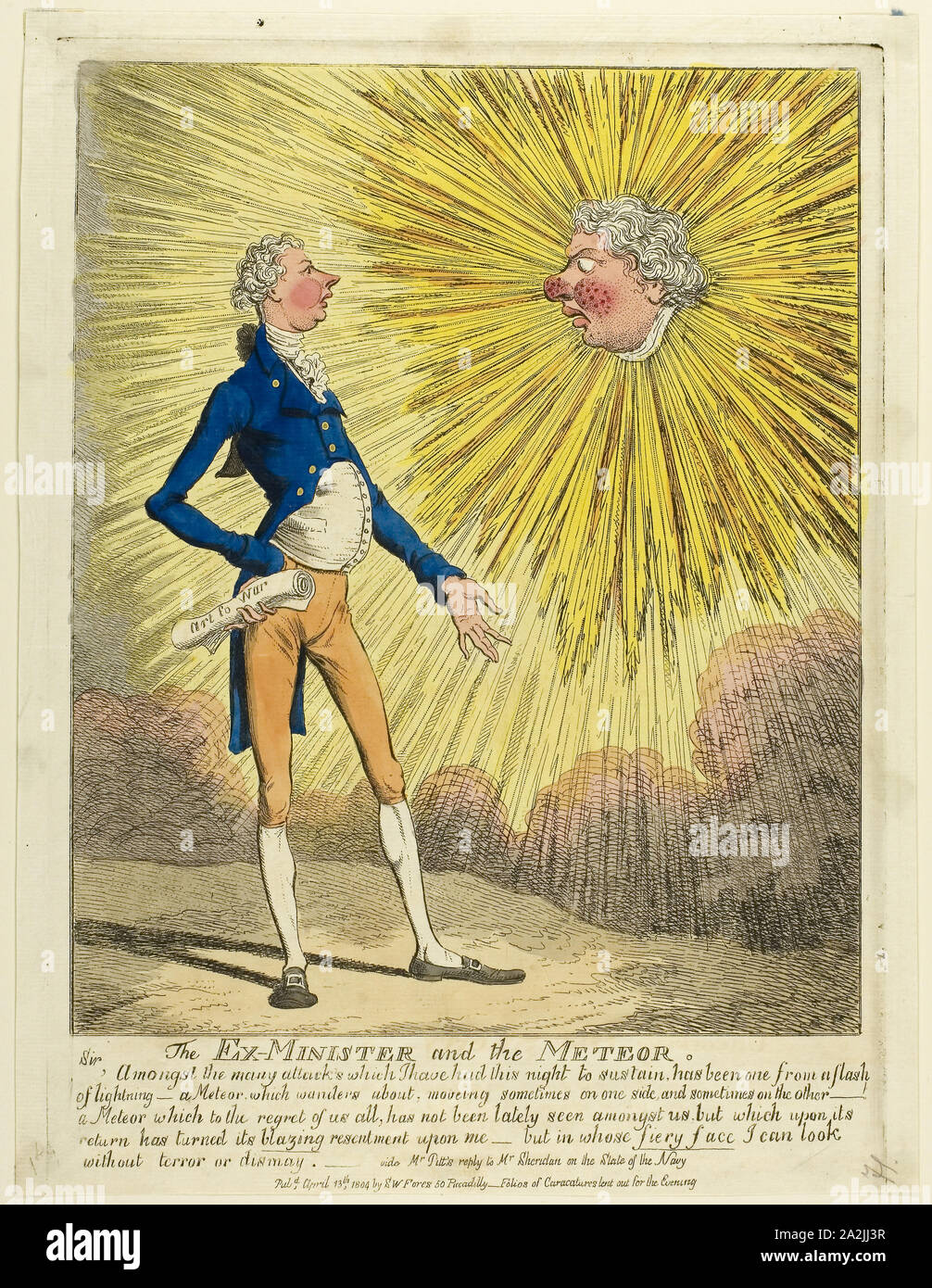 The Ex-Minister and the Meteor, published April 13, 1804, Charles WIlliams (English, active 1797-1830), published by S. W. Fores (English, active 1785-1825), England, Hand-colored etching on ivory laid paper, 288 × 240 mm (image), 343 × 250 mm (plate), 353 × 267 mm (sheet Stock Photo
