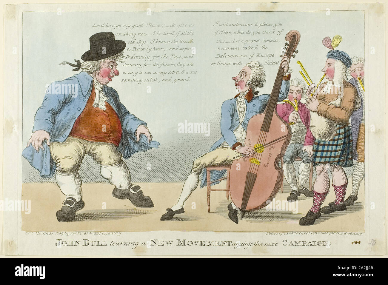 John Bull Learning a New Movement, published March 21, 1799, Unknown Artist (English, late 18th-early 19th centuries), published by S. W. Fores (English, active 1785-1825), England, Hand-colored etching on ivory laid paper, 259 × 391 mm (sheet Stock Photo