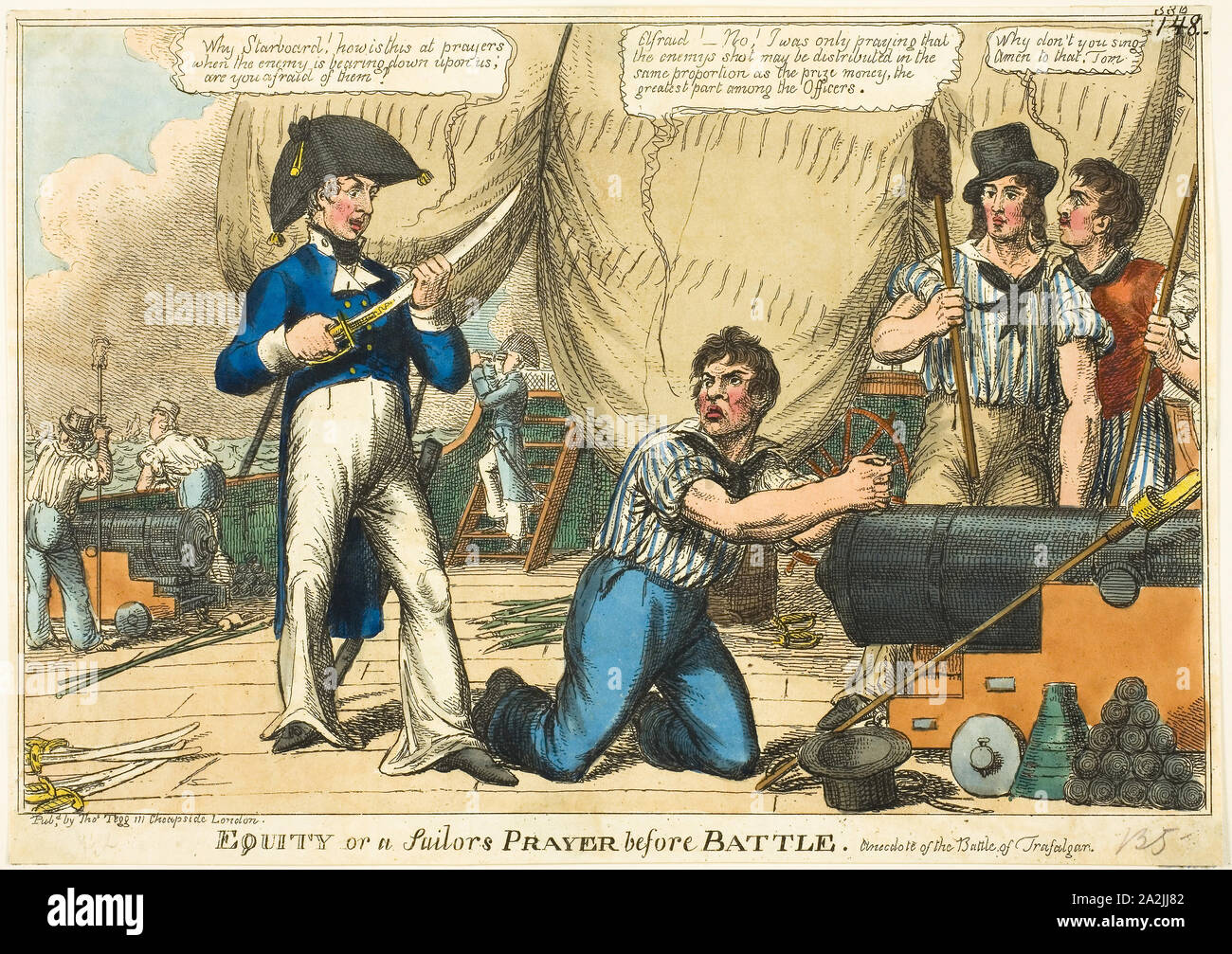Equity, or a Sailor’s Prayer before Battle, 1805, Charles Williams (English, active 1797-1830), published by Thomas Tegg (English, 1776-1845), England, Hand-colored etching on ivory wove paper, 255 × 355 mm Stock Photo