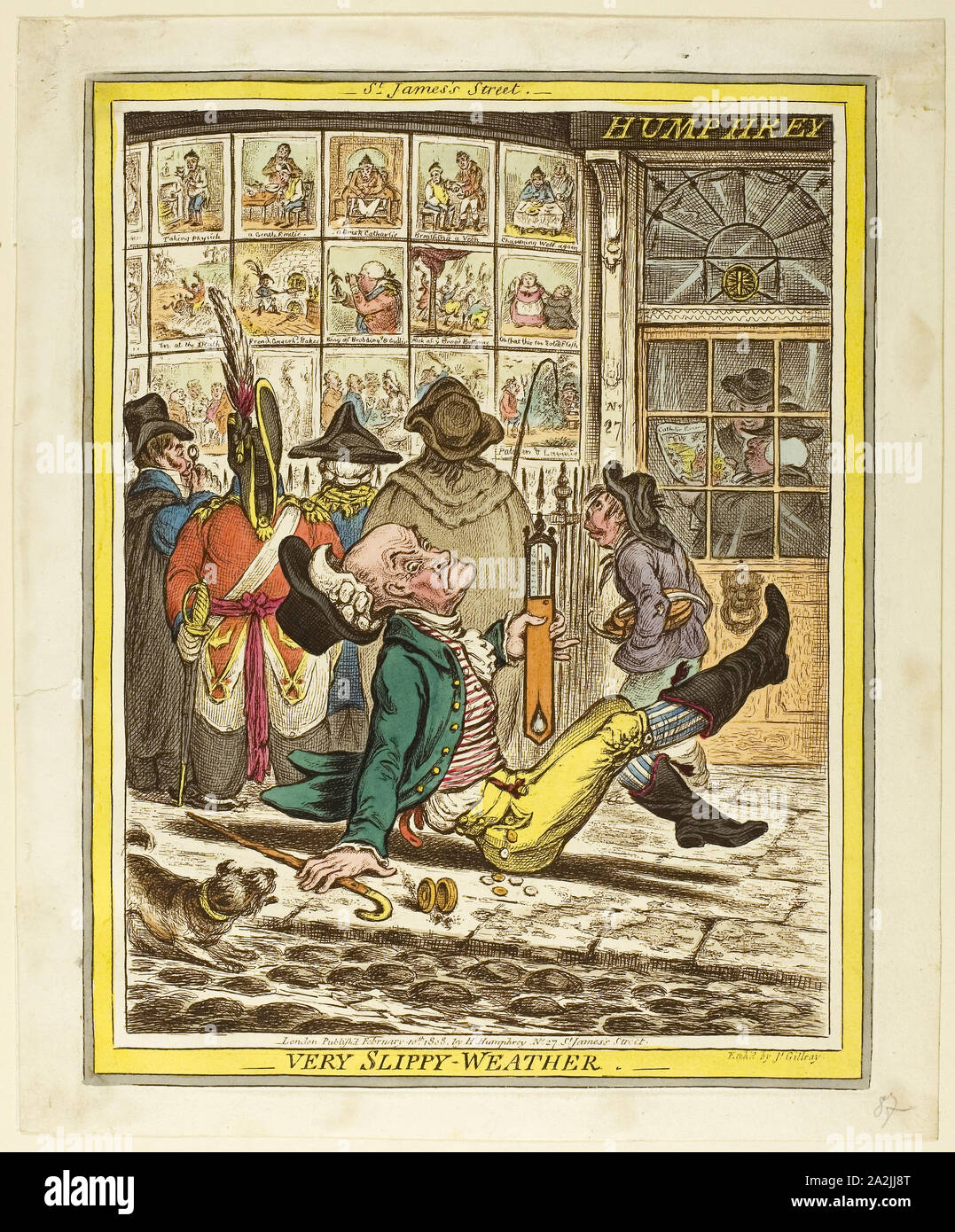 Very Slippery Weather, published February 10, 1808, James Gillray (English, 1756-1815), published by Hannah Humphrey (English, c. 1745-1818), England, Hand-colored etching on paper, 252 × 195 mm (image), 260 × 205 mm (plate), 283 × 235 mm (sheet Stock Photo