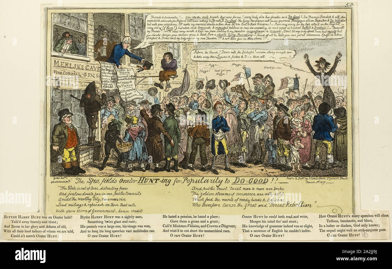 The Spafields Orator Hunt-ing for Popularity to Do-good!!!, published March, 1817, George Cruikshank (English, 1792-1878), published by J. Sidebotham (English, active 1802-1820), England, Hand-colored etching on paper, 230 × 343 mm (image), 247 × 350 mm (plate), 261 × 432 mm (sheet Stock Photo