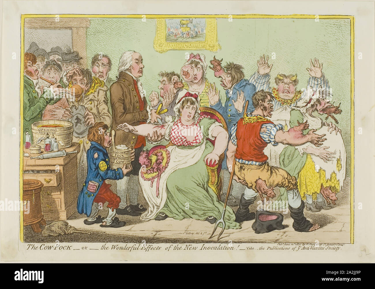 The Cow-Pock- or- The Wonderful Effects of the New Innoculation!, June 12, 1802, James Gillray (English, 1756-1815), published by Hannah Humphrey (English, c. 1745-1818), England, Etching with hand-coloring on cream wove paper, 234 × 338 mm (image), 252 × 347 mm (plate), 270 × 387 mm (sheet Stock Photo