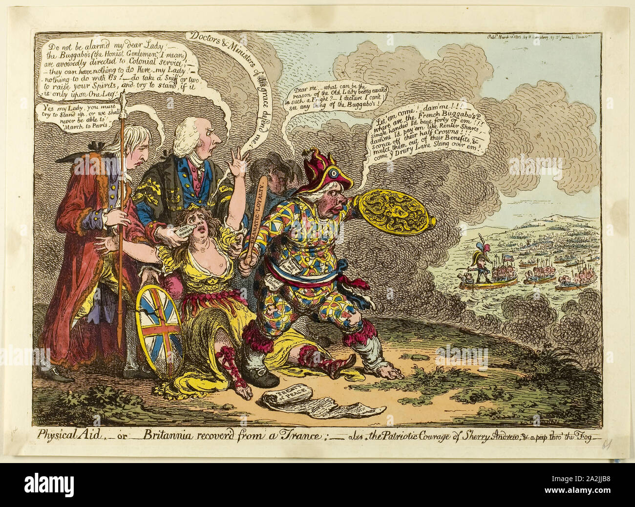 Physical Aid, or Britannia Recover’d from a Trance!, published March 14, 1803, James Gillray (English, 1756-1815), published by Hannah Humphrey (English, c. 1745-1818), England, Hand-colored etching on paper, 250 × 359 mm (image), 262 × 362 mm (plate), 284 × 391 mm (sheet Stock Photo