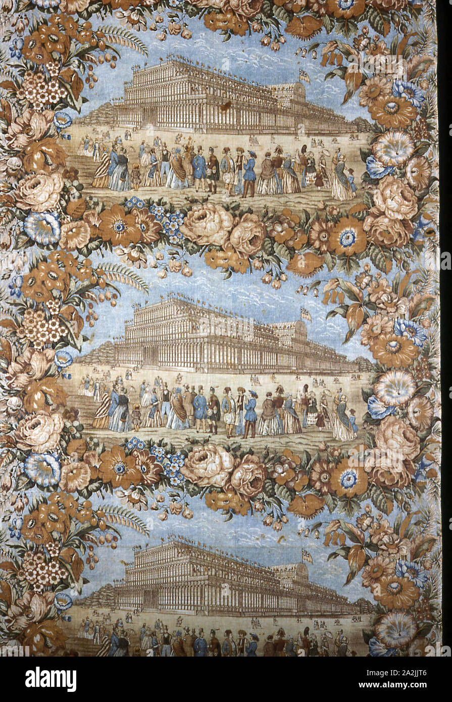 Panel (Furnishing Fabric), c. 1851, Probably Manufactured by Wright & Lee, England, probably Manchester, England, Cotton, plain weave, engraved roller printed, glazed, 145.5 × 71.5 cm (57 1/4 × 28 1/8 in Stock Photo