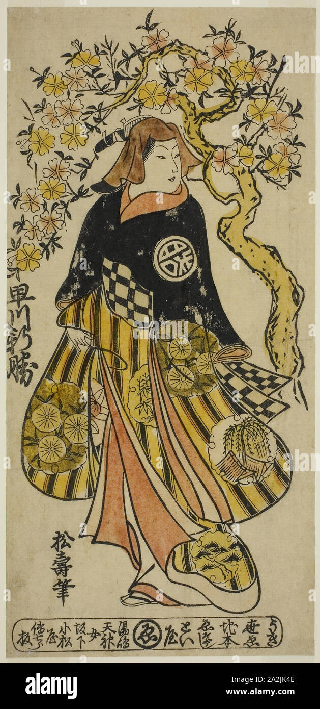 The Actor Hayakawa Shinkatsu as a Woman Standing under Cherry Tree, c. 1724, Shoju, Japanese, 18th century, Japan, Hand-colored woodblock print, hosoban, urushi-e, 12 1/8 x 5 3/4 in Stock Photo