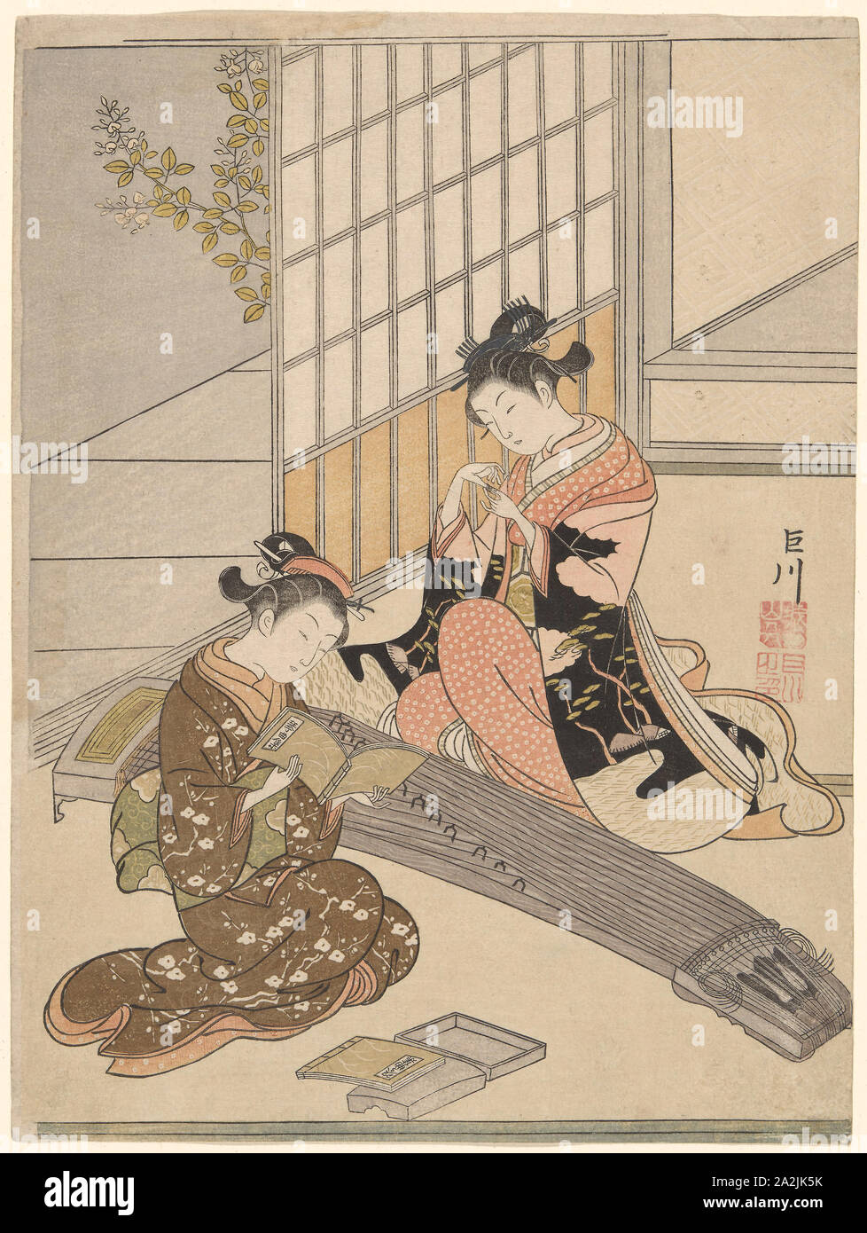 Descending Geese of the Koto Bridges (Kotoji no rakugan), from the series Eight Views of the Parlor (Zashiki hakkei), c. 1766, Suzuki Harunobu 鈴木 春信, Japanese, 1725 (?)-1770, Japan, Color woodblock print, chuban, 29.0 x 21.7 cm (11 3/8 x 8 1/2 in Stock Photo