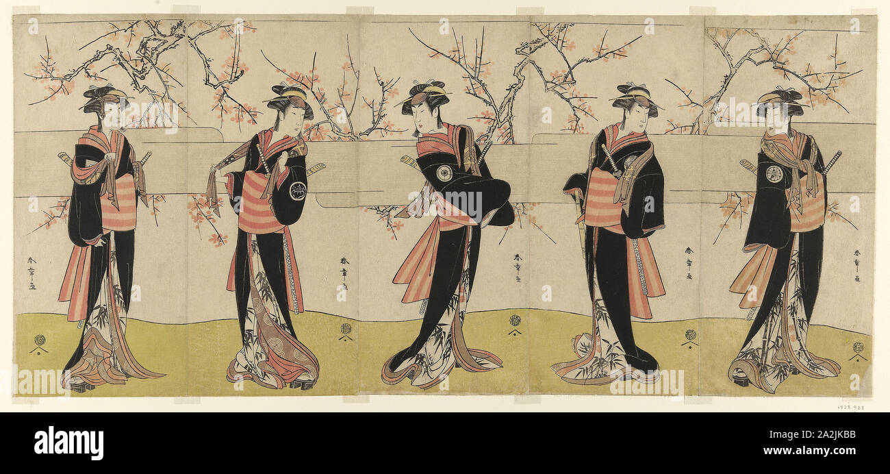 The Actors Segawa Kikunojo III as Karigane Obun, Nakayama Tomisaburo I as An no Oyasu, Iwai Kiyotaro II as Kaminari no Osha, Nakayama Tatezo I as Gokuin no Osen, and Ichikawa Monnosuke II as Hotei no Oichi (right to left), in Gonin Onna, Scene One of the Play Waka Murasaki Edokko Soga, Performed at the Ichimura Theater in the Second Month, 1792, c. 1792, Katsukawa Shunsho 勝川 春章, Japanese, 1726-1792, Japan, Color woodblock print, hosoban, pentaptych, Each sheet: 32.3 x 14.6 cm (12 11/16 x 5 3/4 in Stock Photo