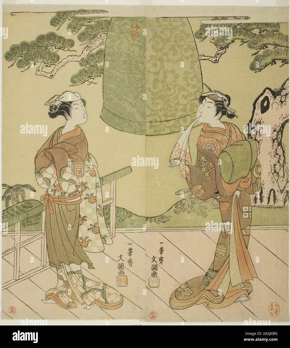 The Actors Ichimura Uzaemon IX as Shume no Hangan Morihisa (right), and Sanogawa Ichimatsu II as Chujo (left), in the Play Edo no Hana Wakayagi Soga, Performed at the Ichimura Theater in the Second Month, 1769, c. 1769, Ippitsusai Buncho, Japanese, active c. 1755-90, Japan, Color woodblock print, hosoban, center and left sheets of triptych, 31.5 x 14.3 cm (12 3/8 x 5 5/8 in.) (right), 31.3 x 14.2 cm (12 5/16 x 5 9/16 in.) (left Stock Photo