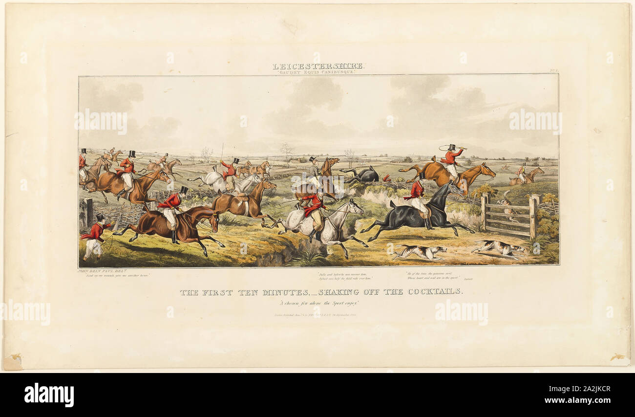 The First Ten Minutes, plate two from The Leicestershire Hunt, published 1825, John Dean Paul (English, 1775-1852), published by Thomas McLean (English, 1788-1875), England, Hand-colored aquatint on ivory wove paper, 225 × 561 mm (image), 329 × 633 mm (plate), 425 × 729 mm (sheet Stock Photo