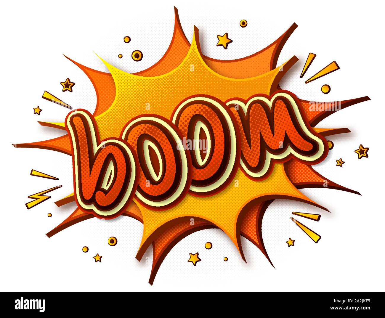 Boom Comics poster. Thought bubble and sound effects. Colorful funny banner in pop art style. Yellow-orange cartoon banner with halftone effect Stock Vector