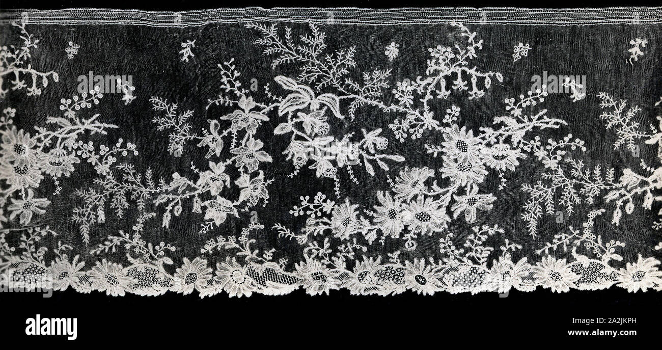 Flounce, 1860s/90s, Belgium, Brussels, Brussels, Cotton, mixed lace of a type known as 'Application d'Angleterre;' bobbin lace motifs with needle-made fillings on a needle lace mesh ground, 27 × 194.8 cm (10 5/8 × 76 5/8 in.), A Standing Beauty, 1780/90, Katsukawa Shunsho 勝川 春章, Japanese, 1726-1792, Japan, Hanging scroll, Ink and color on silk, 55.5 x 25.8 cm (21 7/8 x 10 1/8 in.), overall: 148 x 37.2 cm (58 1/4 x 14 5/8 in Stock Photo