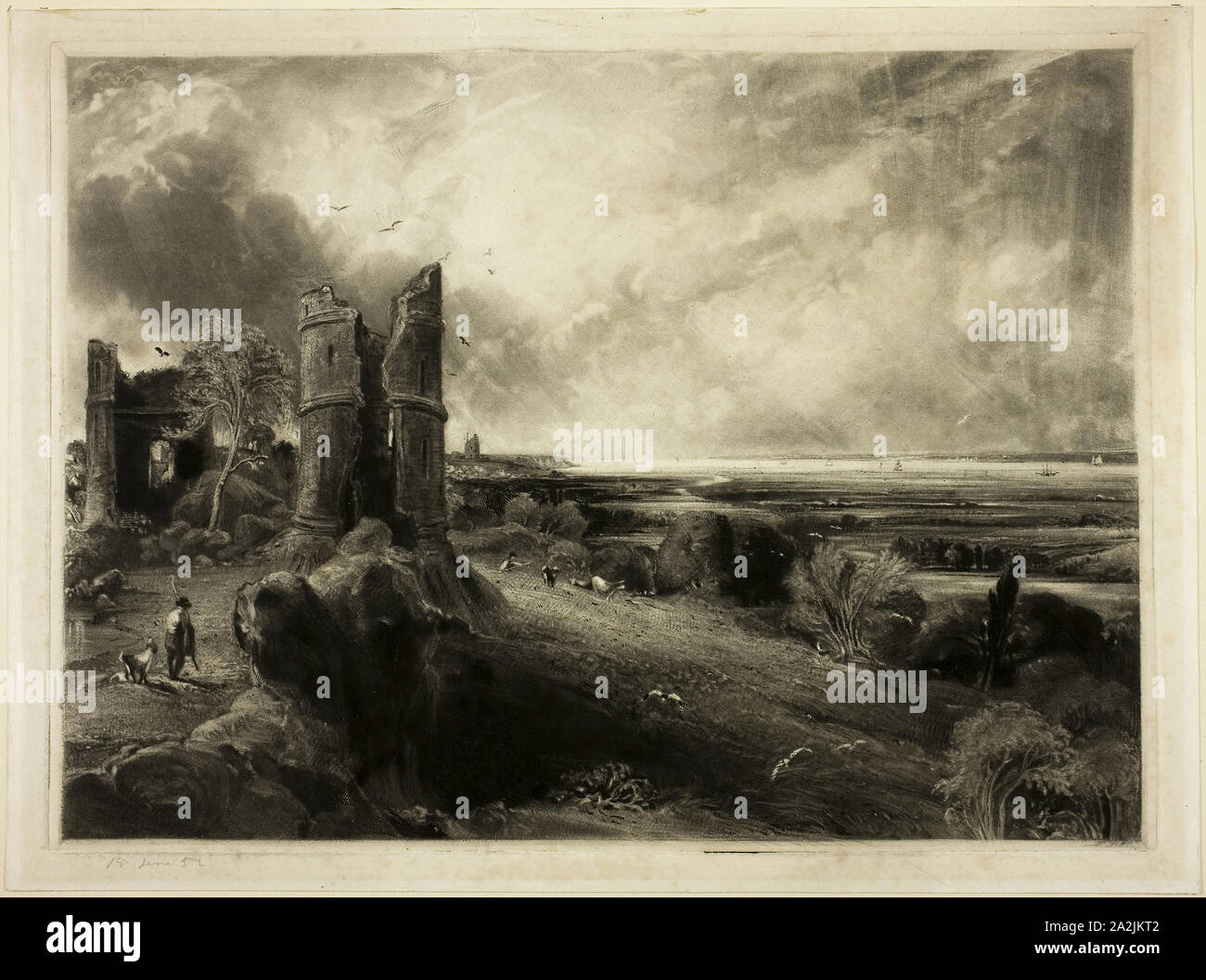 Hadleigh Castle Near the Nore, 1831–32, published 1832, David Lucas (English, 1802-1881), after John Constable (English, 1776-1837), England, Mezzotint on paper, 267 × 364 mm (image), 276 × 373 mm (plate), 299 × 401 mm (sheet Stock Photo