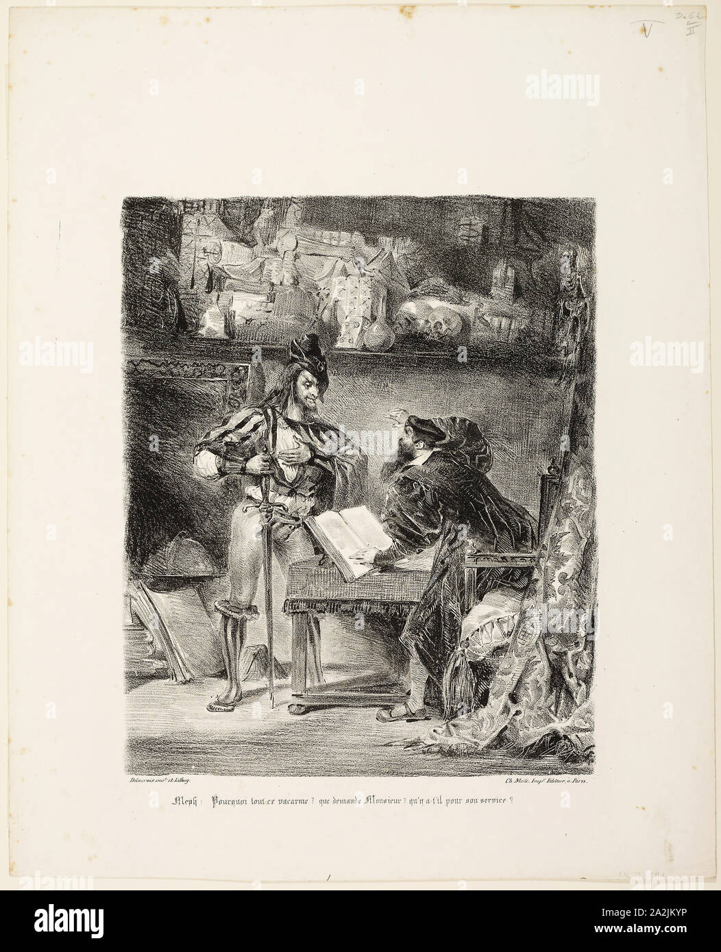 Mephistopheles Appearing to Faust, 1828, Eugène Delacroix, French, 1798-1863, France, Lithograph in black on ivory wove paper, 258 × 210 mm (image), 390 × 316 mm (sheet Stock Photo