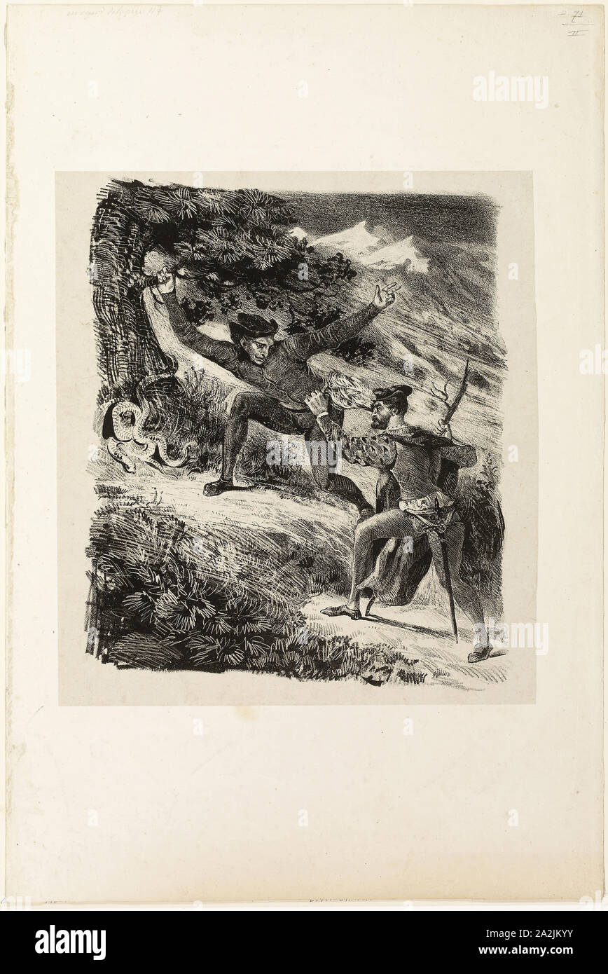 Faust and Mephistopheles in the Harz Mountains, 1828, Eugène Delacroix, French, 1798-1863, France, Lithograph in black on light gray China paper laid down on ivory wove paper, 250 × 210 mm (image), 435 × 290 mm (sheet Stock Photo