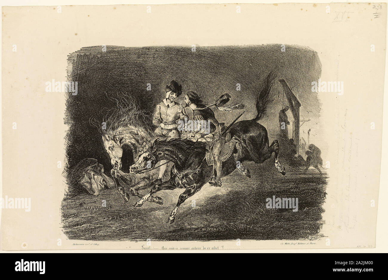 Faust and Mephistopheles Galloping Through the Night of the Witches’ Sabbath, 1828, Eugène Delacroix, French, 1798-1863, France, Lithograph in black on ivory wove paper, 210 × 285 mm (image), 260 × 400 mm (sheet Stock Photo