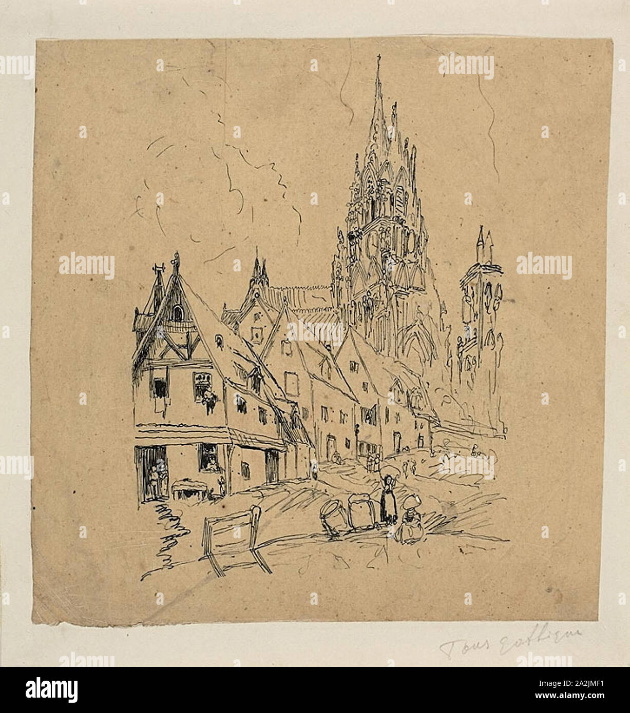 Gothic Cathedral, n.d., Rodolphe Bresdin, French, 1825-1885, France, Pen and black ink, on tan tracing paper, laid down on ivory wove paper, 149 × 146 mm Stock Photo