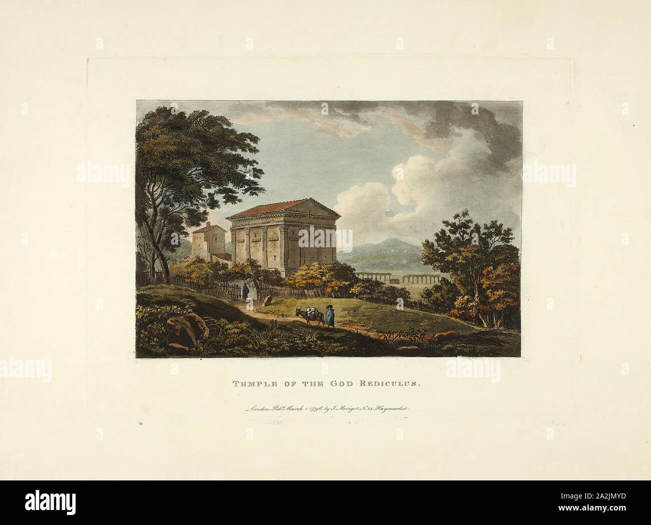 Temple of the God Rediculus, plate five from the Ruins of Rome Temple of the God Rediculus, plate five from the Ruins of Rome, published March 1, 1796, M. Dubourg, (English, active 1786-1838), published by J. Merigot (Italian, Unknown), England, Hand-colored aquatint on paper, 330 × 448 mm (sheet Stock Photo