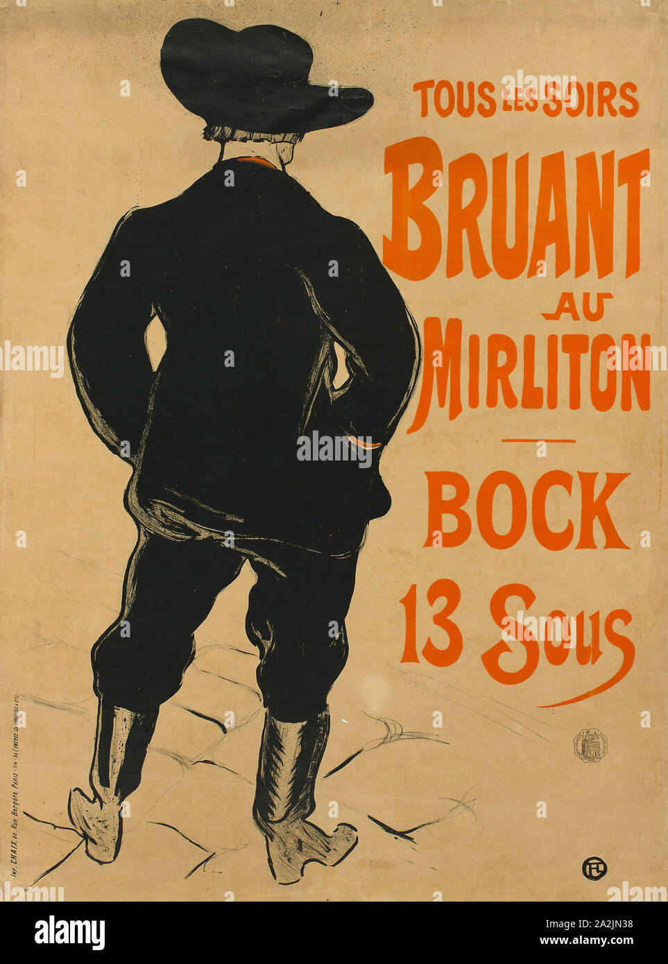 Aristide Bruant, 1893, Henri de Toulouse-Lautrec, French, 1864-1901, France, Color lithograph poster on tan wove paper, laid down on white wove Japan tissue, 815 × 585 mm (image), 817 × 608 mm (primary support), 834 × 626 mm (secondary support Stock Photo