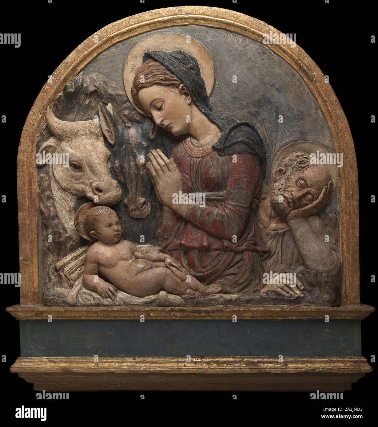 The Nativity, c. 1465, Donatello, Circle of, Italian, 1386/7-1466, Italy, Stucco and polychrome, 72.4 × 78.7 × 12.1 cm (28 1/2 × 31 × 4 3/4 in Stock Photo