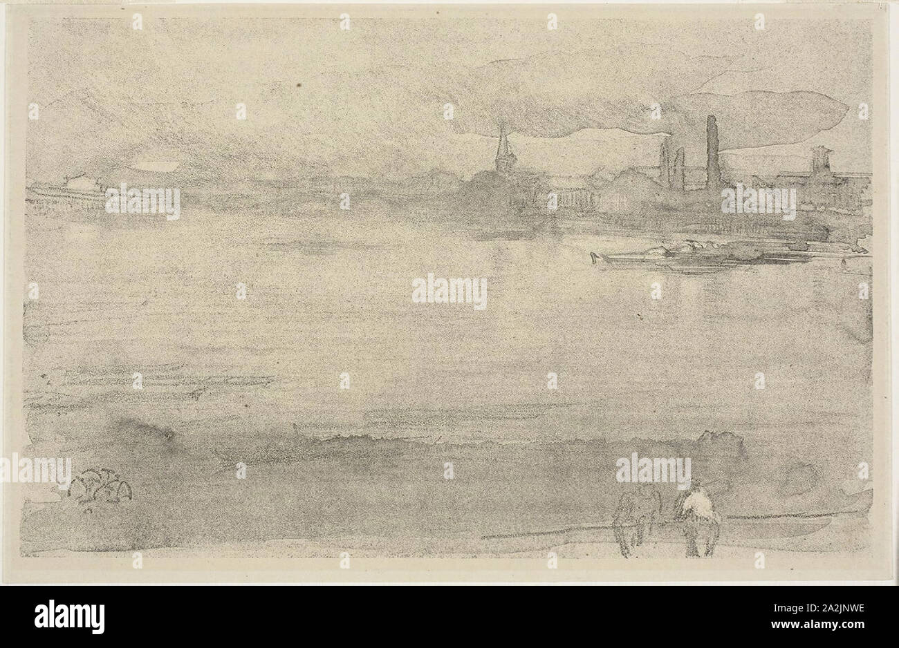 Early Morning, 1878, James McNeill Whistler, American, 1834-1903, United States, Lithotint with scraping, on a prepared half-tint ground, in black ink on cream wove paper, 165 x 259 mm (image), 177 x 270 mm (sheet Stock Photo