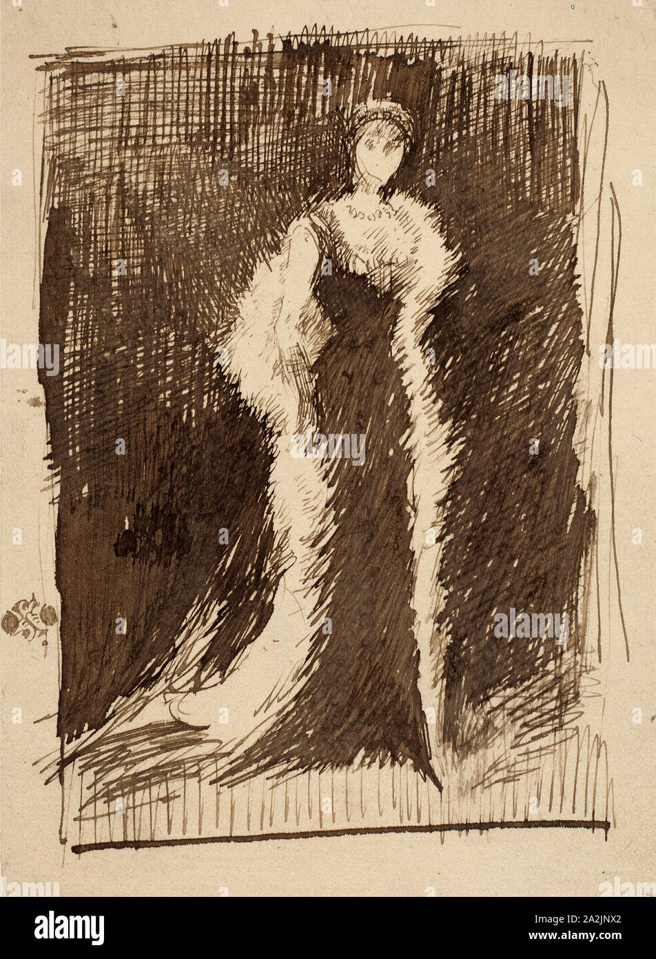 Study for Arrangement in Black: Lady Meux, 1881, James McNeill Whistler, American, 1834-1903, United States, Pen and brown ink on cream wove paper laid down on ivory board, 132 x 95 mm Stock Photo