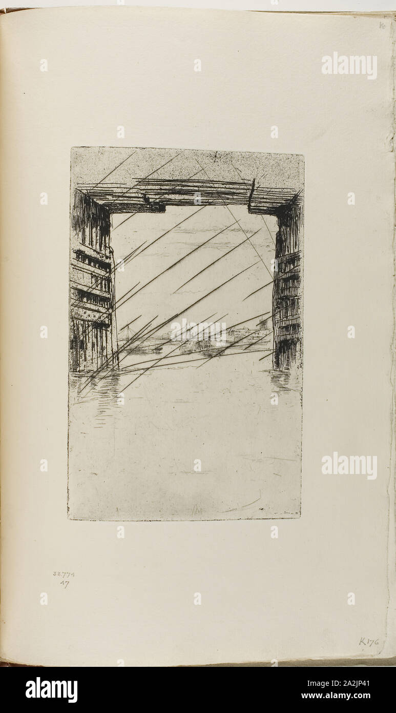Under Old Battersea Bridge, 1876/78, James McNeill Whistler, American, 1834-1903, United States, Etching, drypoint and open bite, with foul biting, with drypoint cancellation, in black ink on ivory laid paper, 214 x 138 mm (plate), 379 x 240 mm (sheet, sight, bound Stock Photo