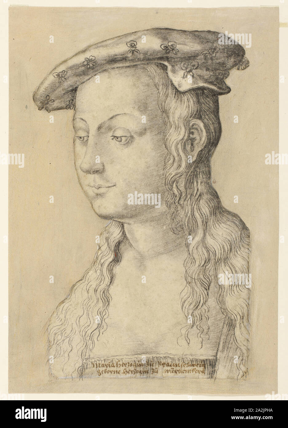 Maria Duchess of Brunswick, Born Duchess of Wurttemburg, n.d., Attributed to Christoph Schwarz, German, 1545-1592, Germany, Charcoal on ivory laid paper, cut out and edge- mounted to buff laid paper, laid down on tan laid paper, 318 x 223 mm Stock Photo