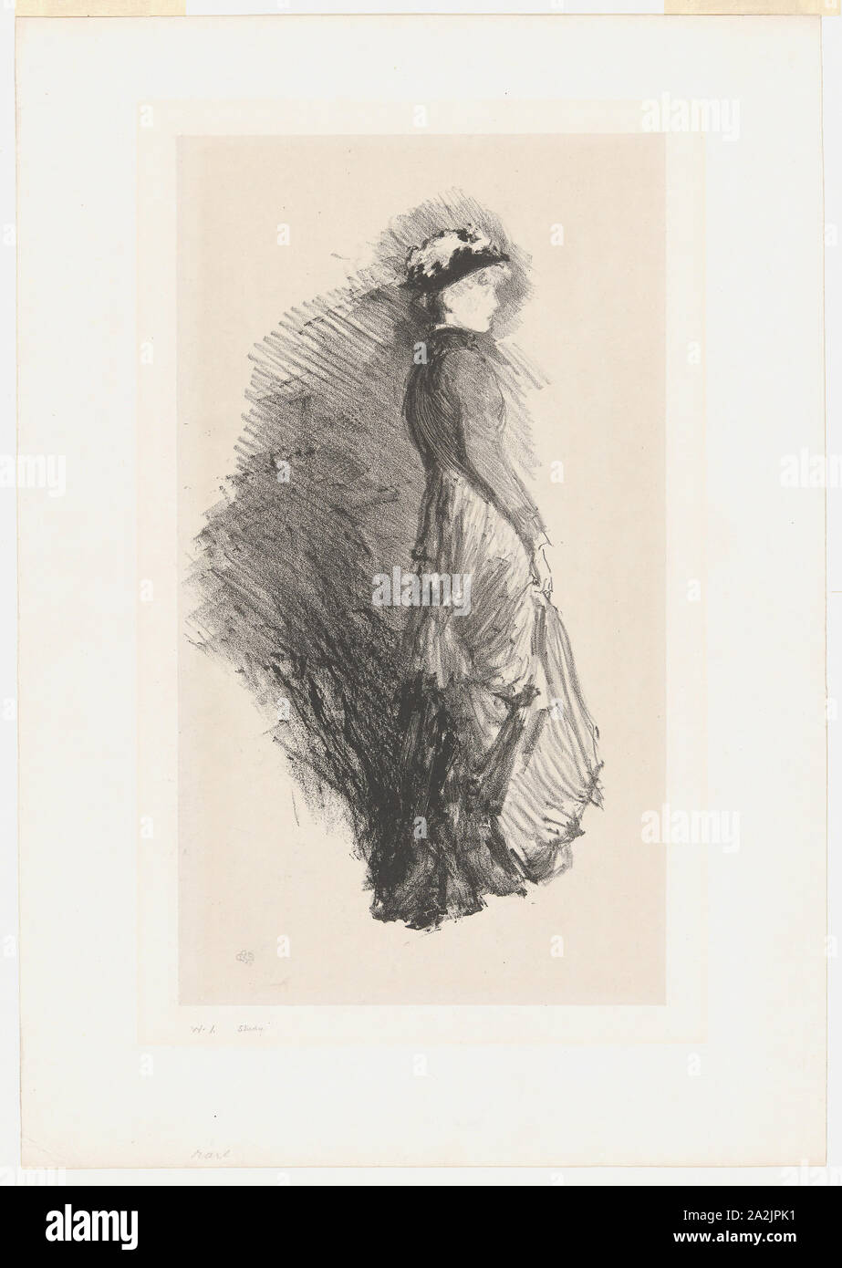 Study, 1878, James McNeill Whistler, American, 1834-1903, United States, Lithograph in black ink with scraping and roulette work on ivory chine laid down on off-white plate paper, 266 x 149 mm (image), 304 x 171 mm (primary support), 401 x 281 mm (secondary support Stock Photo