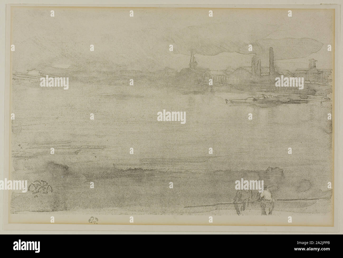 Early Morning, 1878, James McNeill Whistler, American, 1834-1903, United States, Lithotint in black ink with scraping, on a prepared half-tint ground, on cream wove paper, 165 x 259 mm (image), 183 x 271 mm (sheet Stock Photo