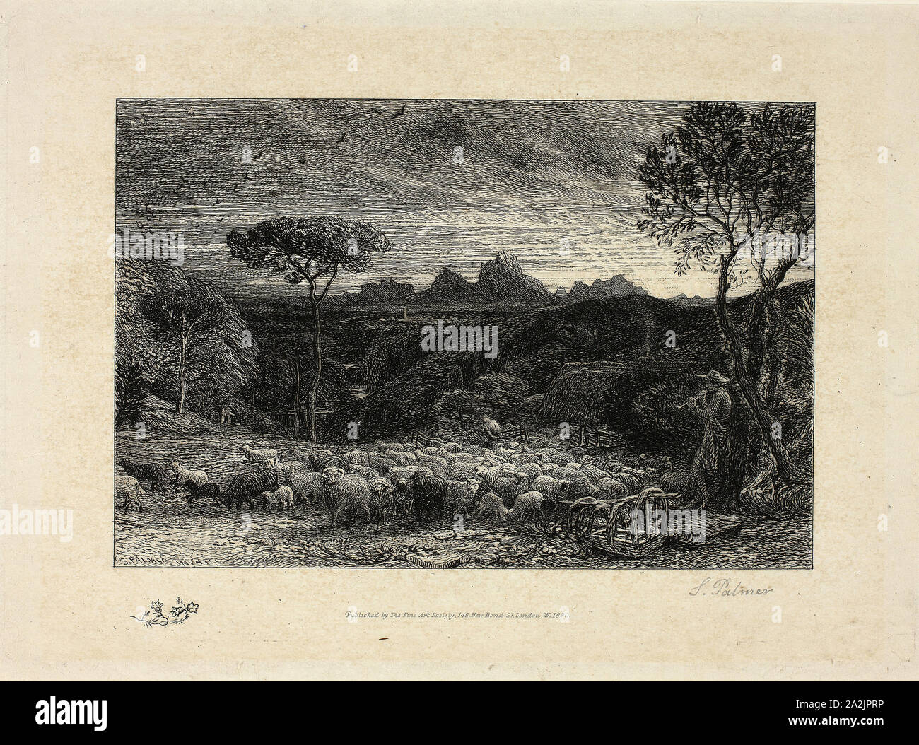 Opening the Fold, n.d., Samuel Palmer, English, 1805-1881, England, Etching in black on paper, 119 × 177 mm (image), 190 × 240 mm (plate), 275 × 360 mm (sheet), Catalogue of the Glory of the World, by Barthélemy de Chasseneuz, Including the Waters of the Legion in the Senate of Governor, Judges, and of the Illustrious (Catalogus Gloriae Mundi D. Bartholomaei Cassanaei, Burgundi, apud Aquas Sextias in Senatu Decuriae Praesidis, ac Viri Clarissimi), 1579, Jost Amman (Swiss, 1539-1591), written by Barthélemy de Chasseneuz (French, c. 1480-1541), published by Sigmund Feyerabend (German, c. 1527- Stock Photo