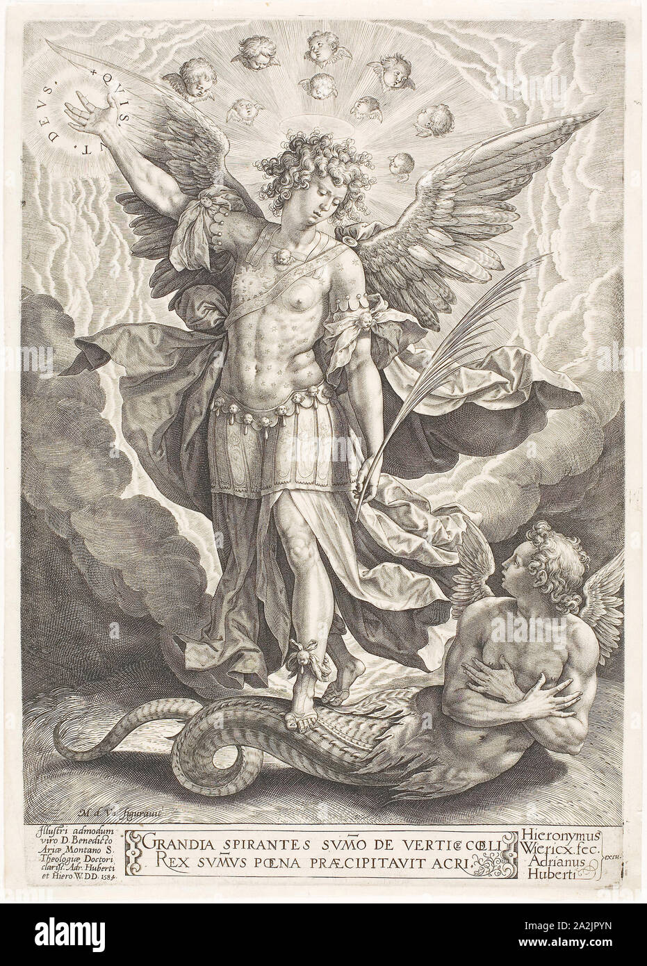 St Michael Triumphing Over the Dragon, 1584, Jerome Wierix (Flemish, 1553-1619), after Martin de Vos (Flemish, 1532-1603), Flanders, Engraving in black on ivory laid paper, 291 × 202 mm (image/plate), 300 × 214 mm (sheet Stock Photo