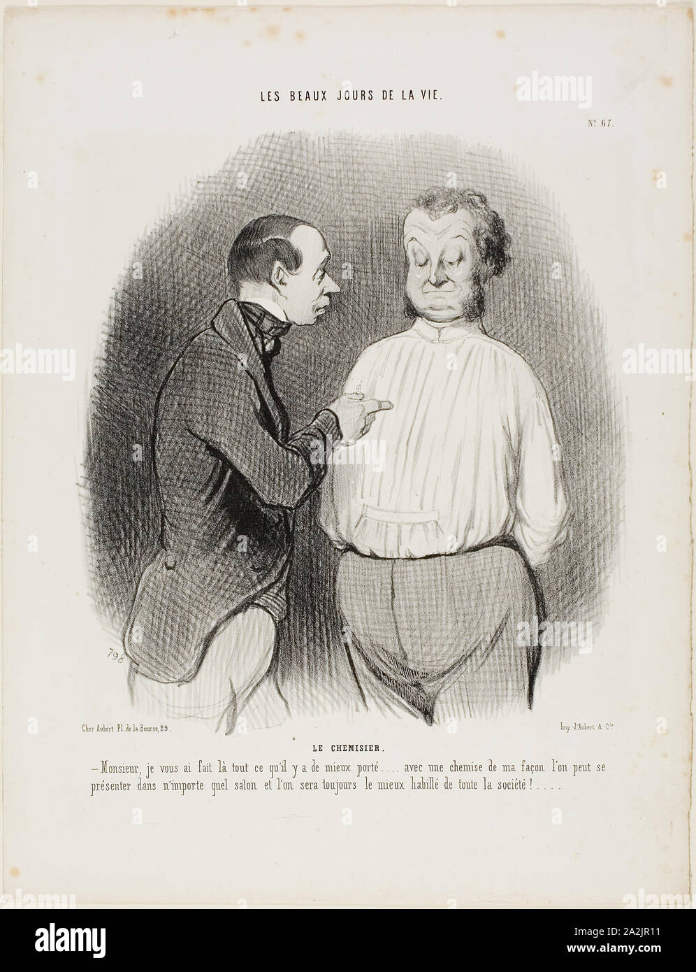 The Shirt Maker. Sir, I have tailored here for you the best that is presently available….. with a shirt of my making one can present oneself in no matter what Salon and one will always be the best dressed man of the party, plate 67 from Les Beaux Jours De La Vie, 1845, Honoré Victorin Daumier, French, 1808-1879, France, Lithograph in black on white wove paper, 243 × 222 mm (image), 358 × 275 mm (sheet), Panel, Empire period, c. 1805/15, France, Silk, warp-float faced 7:1 satin weave self-patterned by ground wefts bound in weft-float faced 1:3 twill interlacings, five panels joined, 165.8 × 74. Stock Photo