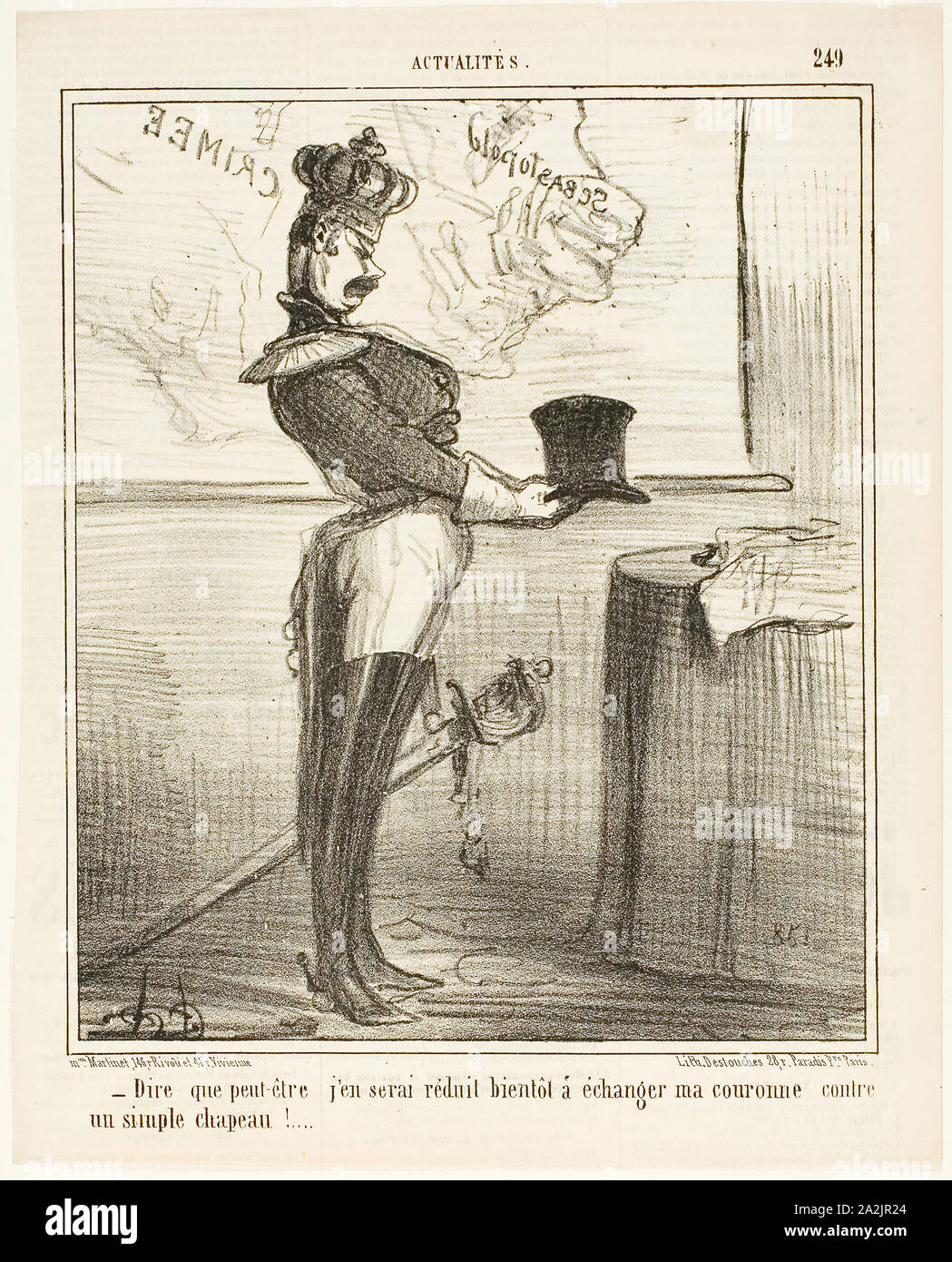 Hard to imagine that one day I might have to trade my crown against a simple hat, plate 249 from Actualités, 1855, Honoré Victorin Daumier, French, 1808-1879, France, Lithograph in black on white wove paper, with letterpress recto verso, 242 × 203 mm (image), 298 × 241 mm (sheet Stock Photo