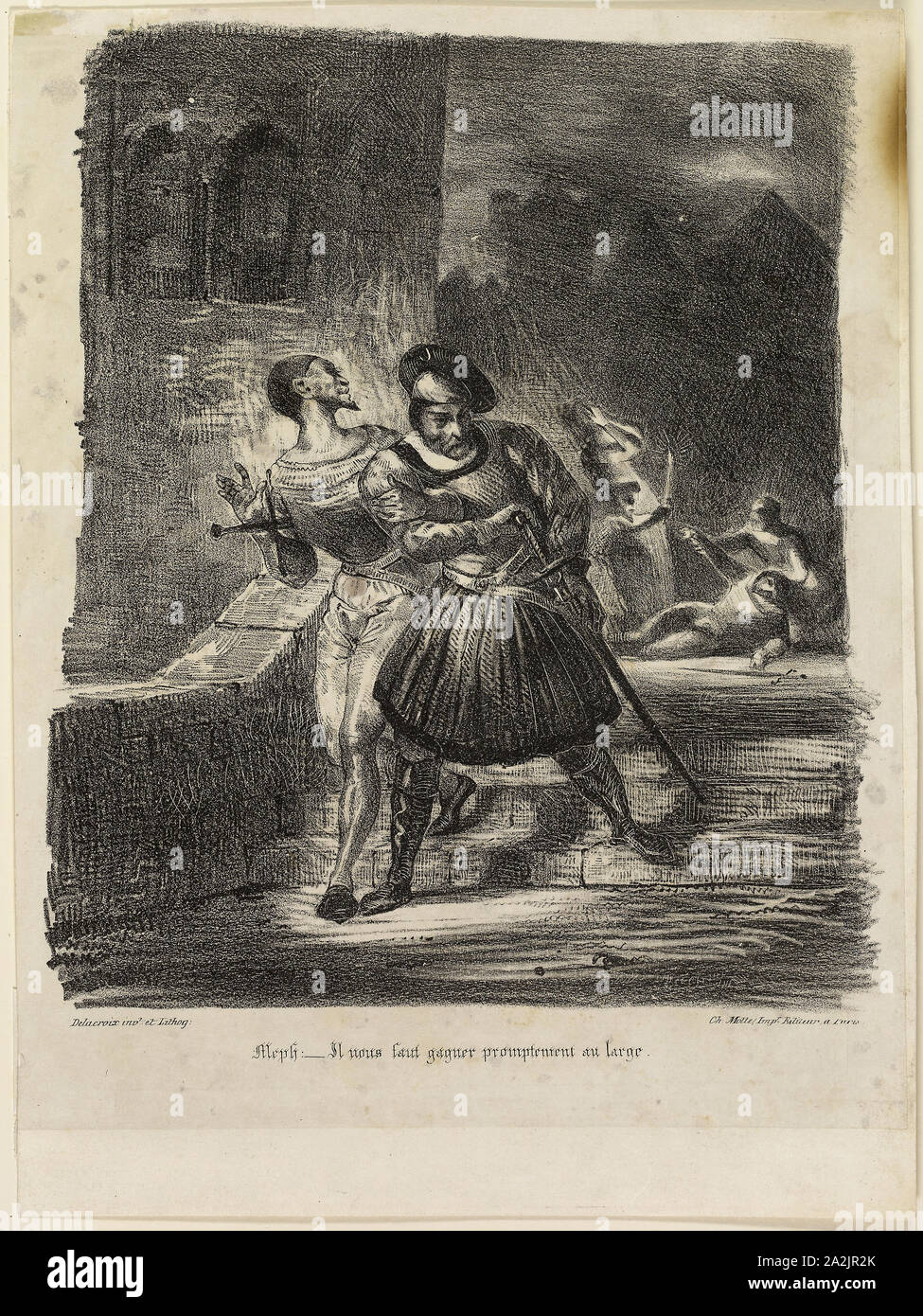 Mephistopheles and Faust Fleeing after the Duel, 1828, Eugène Delacroix, French, 1798-1863, France, Lithograph in black on white China paper laid down on white wove paper, 265 × 225 mm (image), 325 × 242 mm (sheet Stock Photo